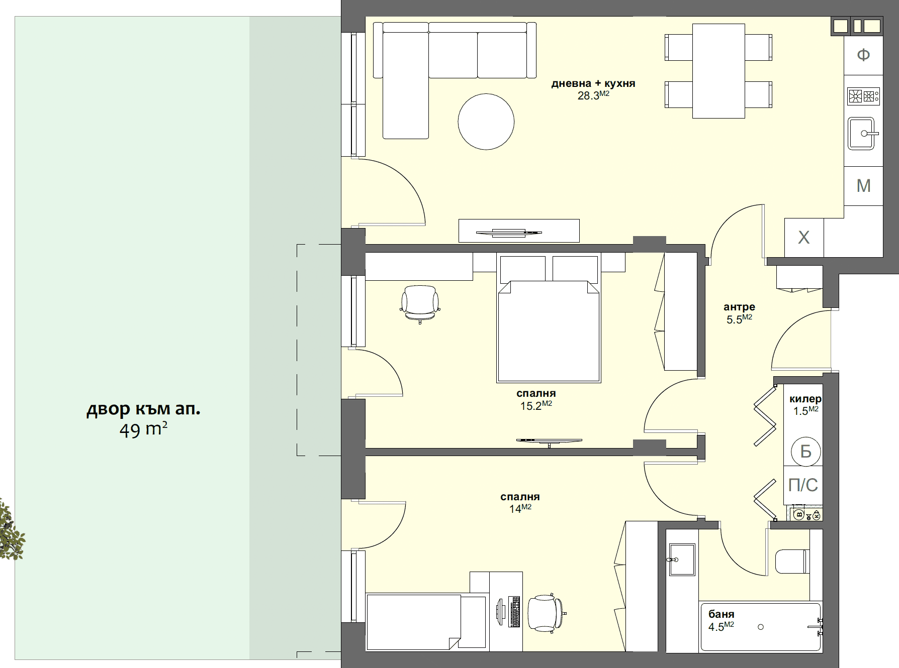 Апартамент № Г5 + двор с площ от 49.00 м2-graphic